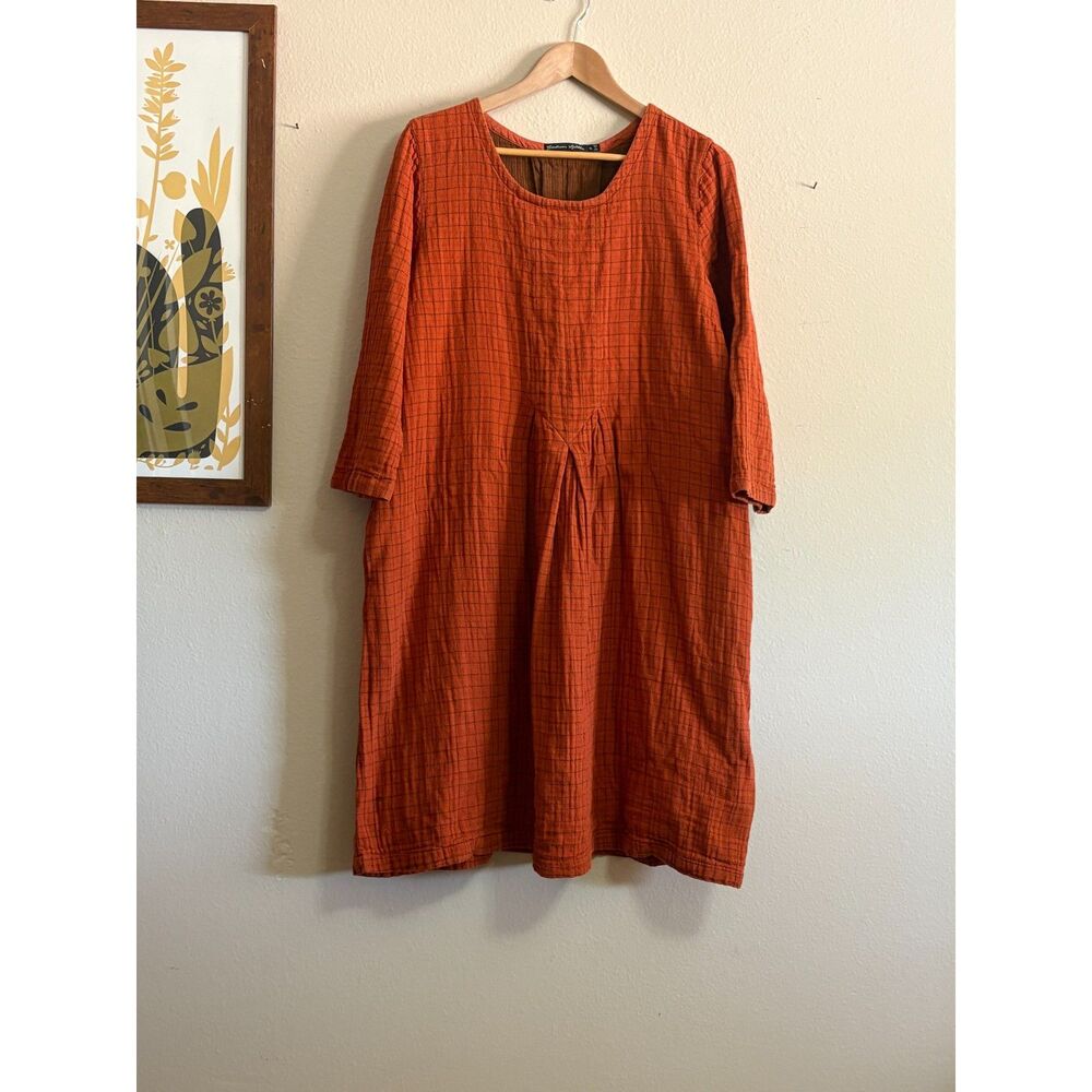 100% Organic Cotton Fall Winter Gudrun Sjödén Checked Orange Dress XL